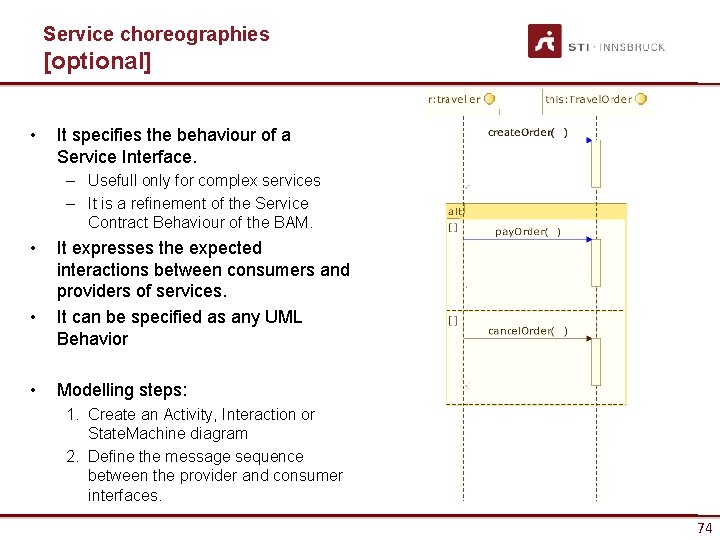 Service choreographies [optional] • It specifies the behaviour of a Service Interface. – Usefull