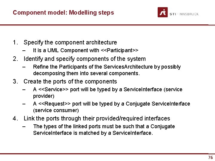 Component model: Modelling steps 1. Specify the component architecture – It is a UML