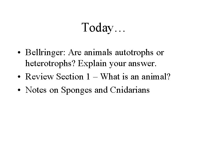 Today… • Bellringer: Are animals autotrophs or heterotrophs? Explain your answer. • Review Section