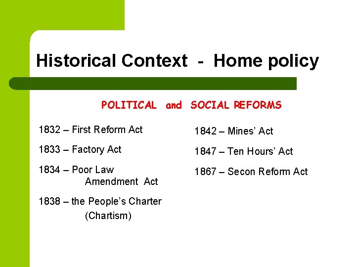 Historical Context - Home policy POLITICAL and SOCIAL REFORMS 1832 – First Reform Act