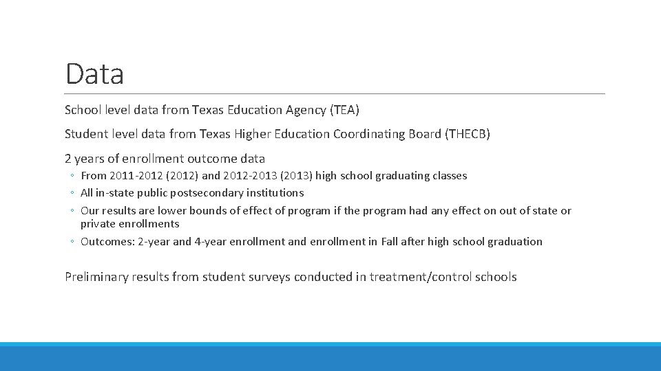 Data School level data from Texas Education Agency (TEA) Student level data from Texas