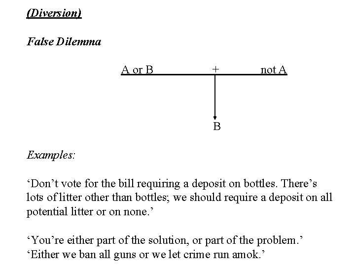 (Diversion) False Dilemma A or B + not A B Examples: ‘Don’t vote for
