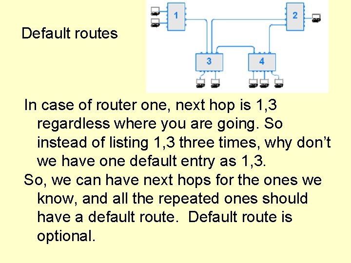 Default routes In case of router one, next hop is 1, 3 regardless where