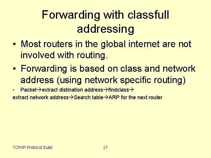 Forwarding with classfull addressing • Most routers in the global internet are not involved