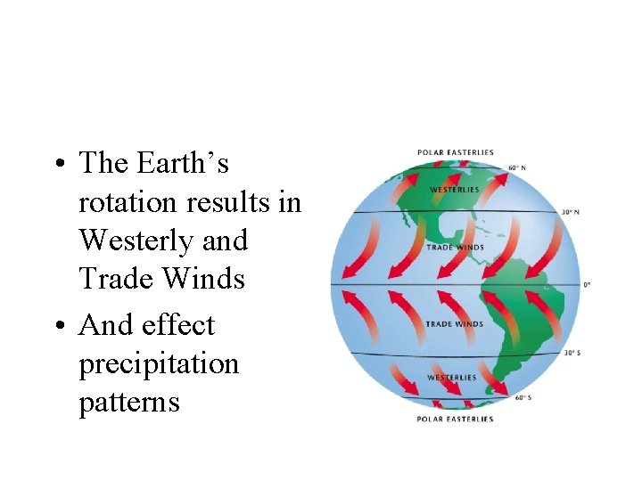  • The Earth’s rotation results in Westerly and Trade Winds • And effect