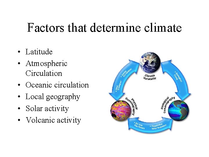 Factors that determine climate • Latitude • Atmospheric Circulation • Oceanic circulation • Local