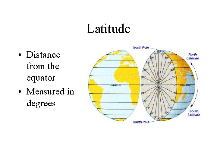 Latitude • Distance from the equator • Measured in degrees 