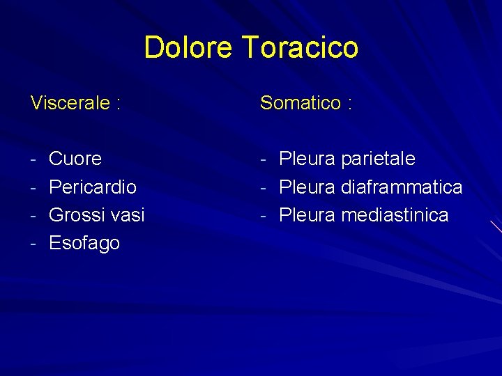 Dolore Toracico Viscerale : Somatico : - Cuore - Pleura parietale - Pericardio -