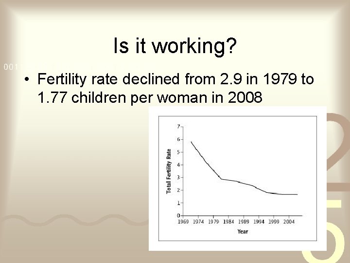 Is it working? • Fertility rate declined from 2. 9 in 1979 to 1.