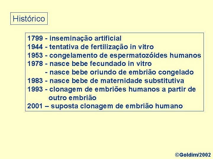 Histórico 1799 - inseminação artificial 1944 - tentativa de fertilização in vitro 1953 -