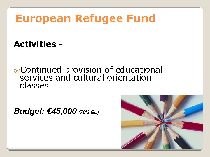 European Refugee Fund Activities Continued provision of educational services and cultural orientation classes Budget: