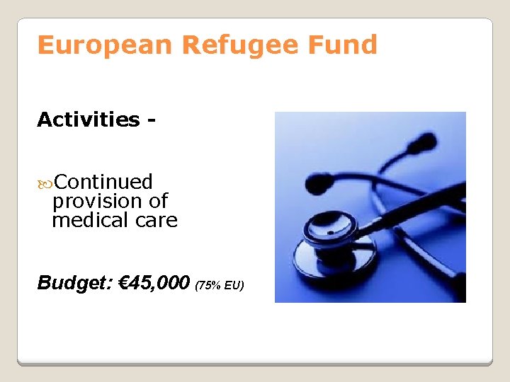 European Refugee Fund Activities Continued provision of medical care Budget: € 45, 000 (75%