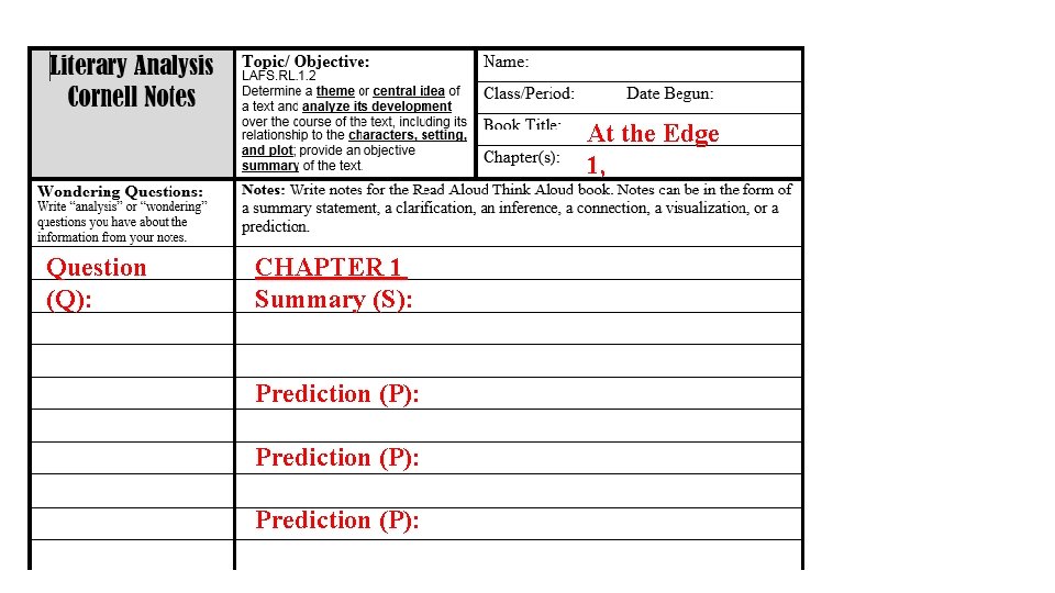 At the Edge 1, Question (Q): CHAPTER 1 Summary (S): Prediction (P): 