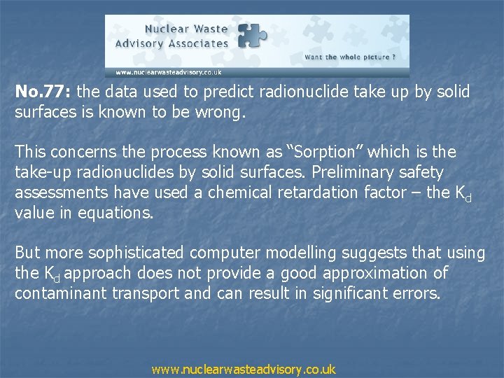 No. 77: the data used to predict radionuclide take up by solid surfaces is