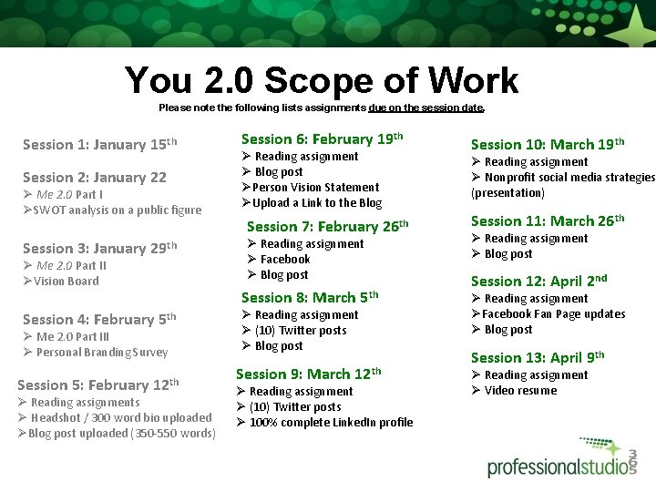 You 2. 0 Scope of Work Please note the following lists assignments due on