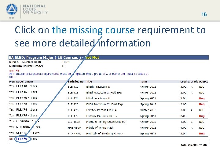 15 Click on the missing course requirement to see more detailed information 