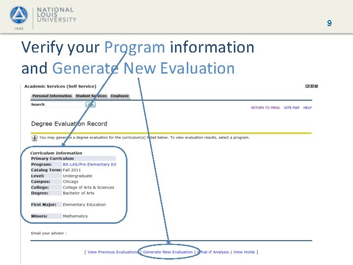 9 Verify your Program information and Generate New Evaluation 9 