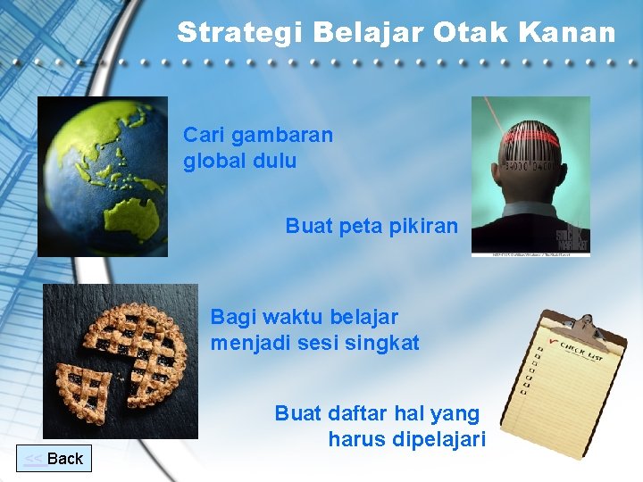 Strategi Belajar Otak Kanan Cari gambaran global dulu Buat peta pikiran Bagi waktu belajar