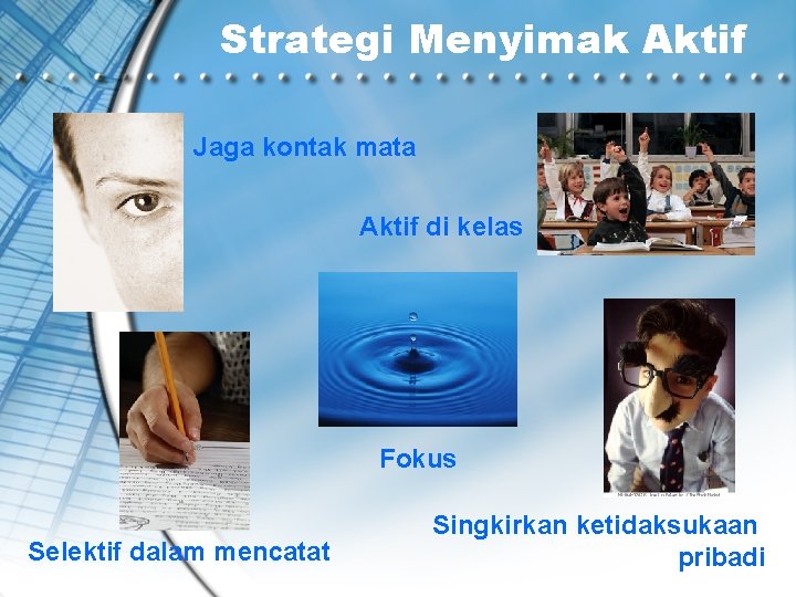 Strategi Menyimak Aktif Jaga kontak mata Aktif di kelas Fokus Selektif dalam mencatat Singkirkan