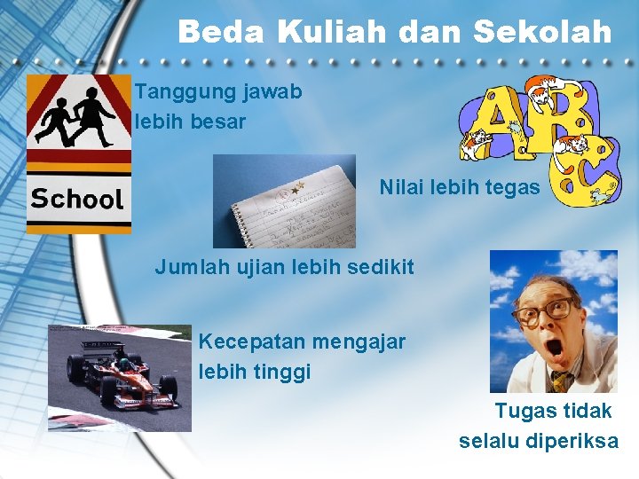 Beda Kuliah dan Sekolah Tanggung jawab lebih besar Nilai lebih tegas Jumlah ujian lebih