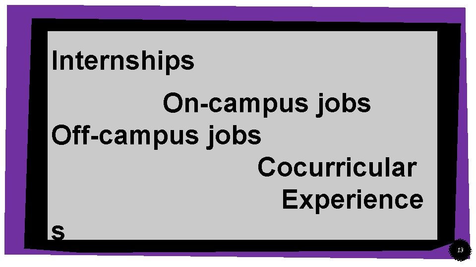 Internships On-campus jobs Off-campus jobs Cocurricular Experience s 13 
