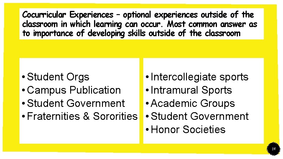 Cocurricular Experiences – optional experiences outside of the classroom in which learning can occur.