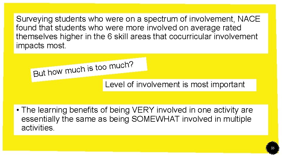 Surveying students who were on a spectrum of involvement, NACE found that students who