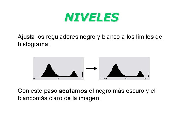 NIVELES Ajusta los reguladores negro y blanco a los límites del histograma: Con este