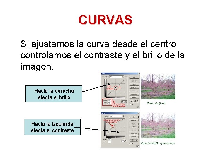 CURVAS Si ajustamos la curva desde el centro controlamos el contraste y el brillo