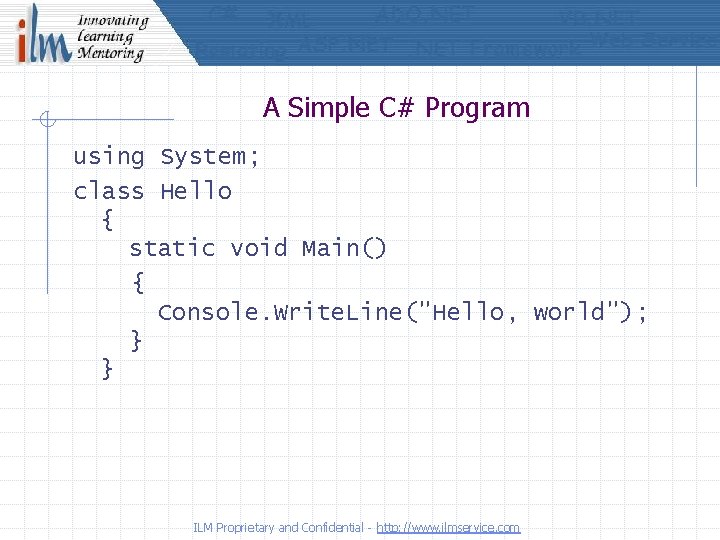 A Simple C# Program using System; class Hello { static void Main() { Console.