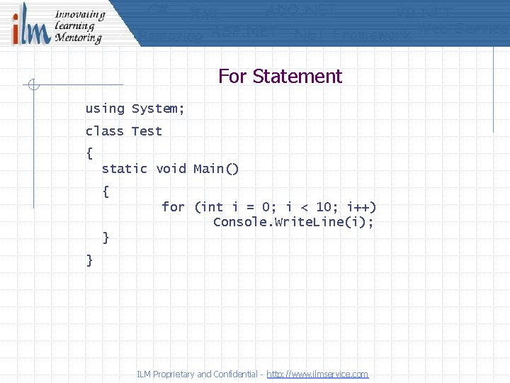 For Statement using System; class Test { static void Main() { for (int i