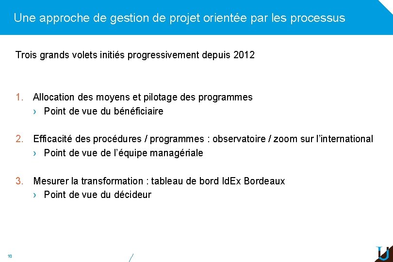 Une approche de gestion de projet orientée par les processus Trois grands volets initiés