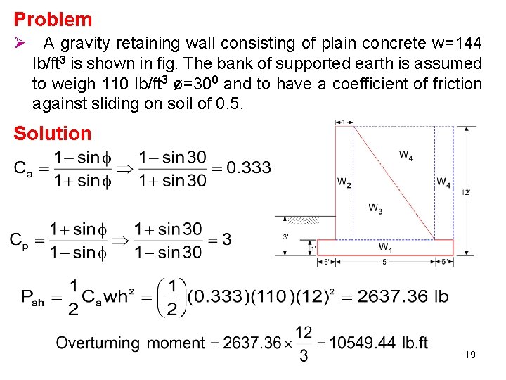 Problem Ø A gravity retaining wall consisting of plain concrete w=144 lb/ft 3 is