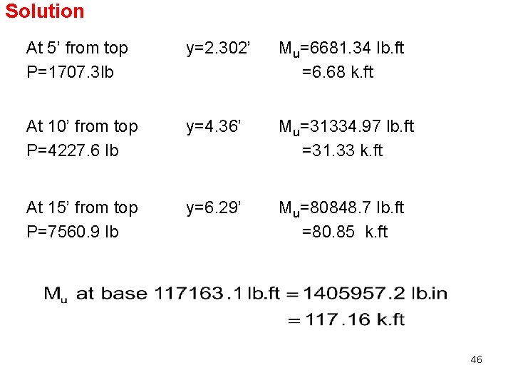 Solution At 5’ from top P=1707. 3 lb y=2. 302’ Mu=6681. 34 lb. ft