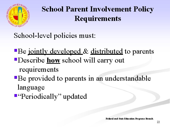 School Parent Involvement Policy Requirements School-level policies must: §Be jointly developed & distributed to
