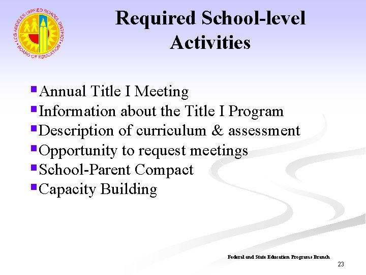 Required School-level Activities §Annual Title I Meeting §Information about the Title I Program §Description