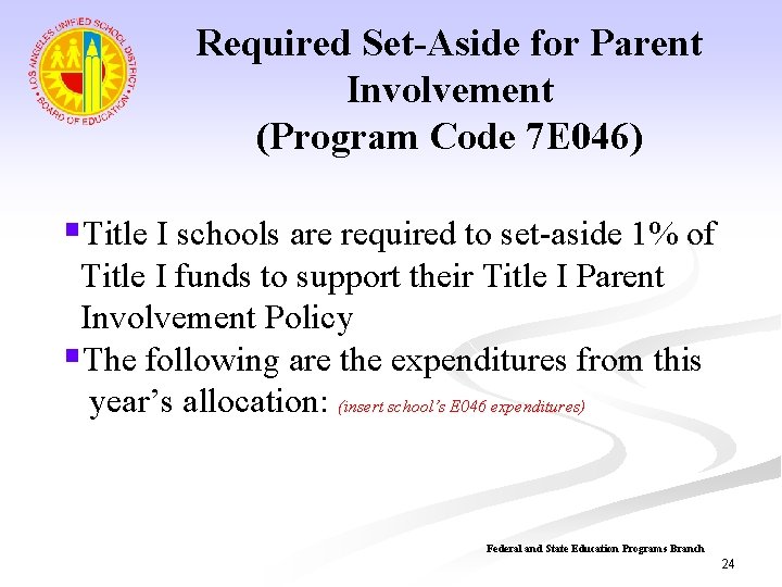 Required Set-Aside for Parent Involvement (Program Code 7 E 046) §Title I schools are