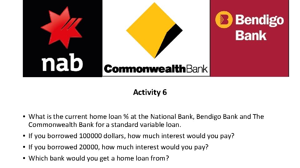 Activity 6 • What is the current home loan % at the National Bank,