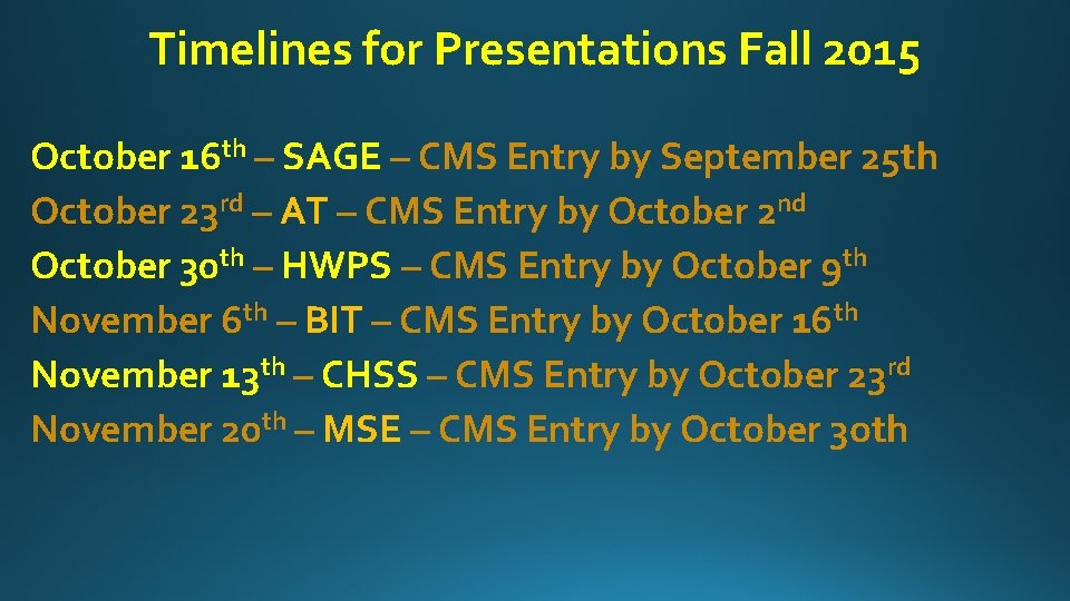 Timelines for Presentations Fall 2015 October 16 th – SAGE – CMS Entry by