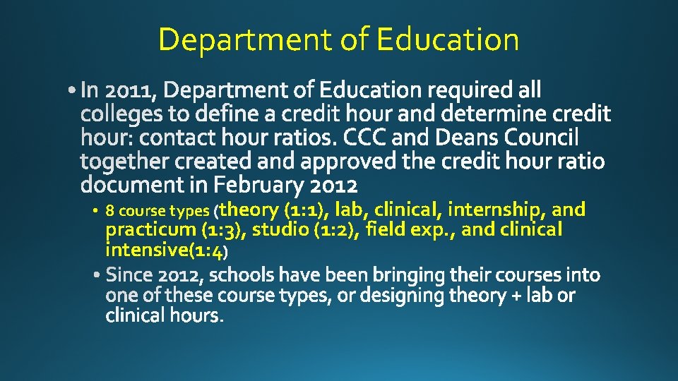 Department of Education theory (1: 1), lab, clinical, internship, and practicum (1: 3), studio