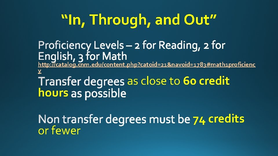 “In, Through, and Out” http: //catalog. cnm. edu/content. php? catoid=21&navoid=1783#math 1 proficienc y hours