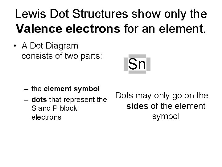 Lewis Dot Structures show only the Valence electrons for an element. • A Dot