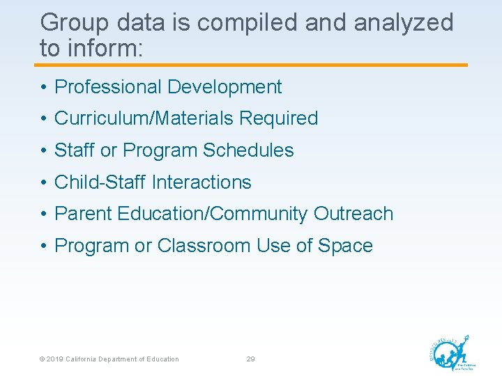 Group data is compiled analyzed to inform: • Professional Development • Curriculum/Materials Required •