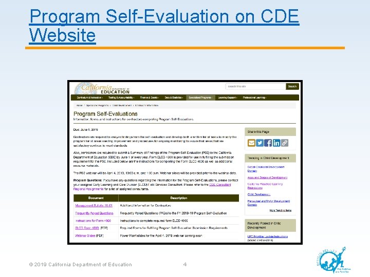 Program Self-Evaluation on CDE Website © 2019 California Department of Education 4 