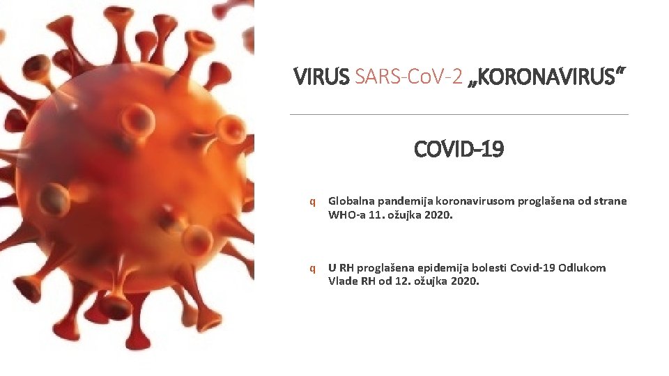 VIRUS SARS-Co. V-2 „KORONAVIRUS“ COVID-19 q Globalna pandemija koronavirusom proglašena od strane WHO-a 11.