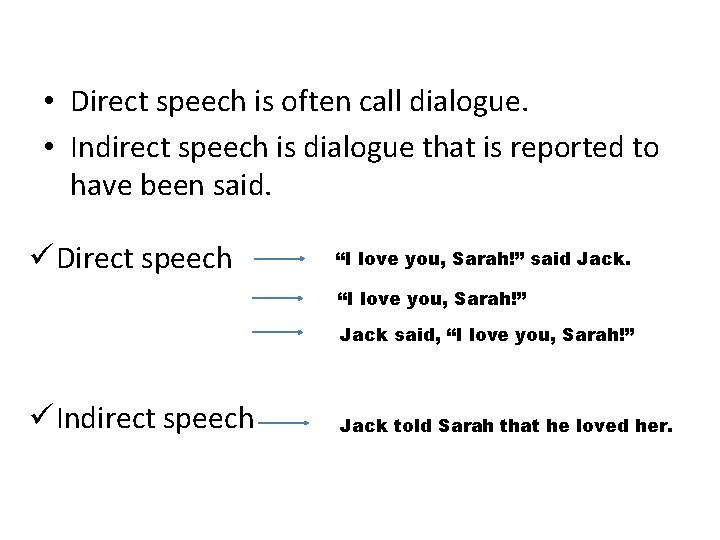  • Direct speech is often call dialogue. • Indirect speech is dialogue that