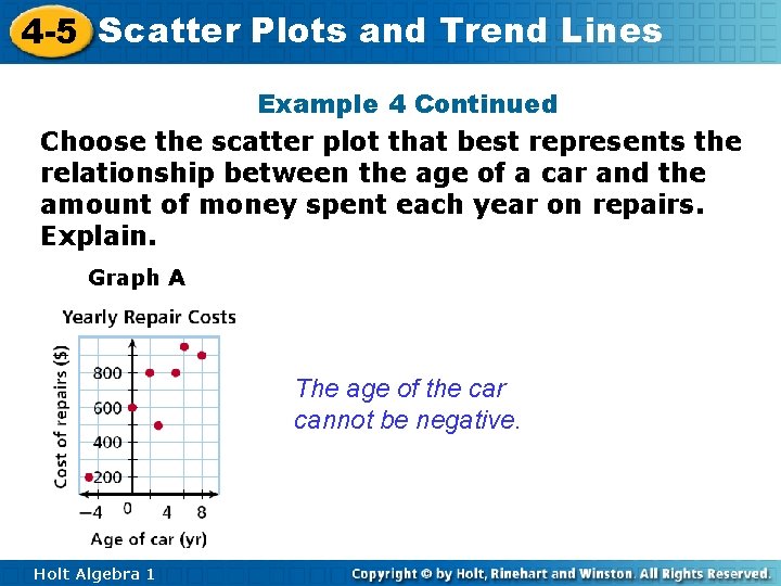 4 -5 Scatter Plots and Trend Lines Example 4 Continued Choose the scatter plot