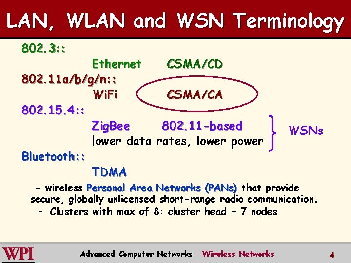 LAN, WLAN and WSN Terminology 802. 3: : Ethernet CSMA/CD 802. 11 a/b/g/n: :