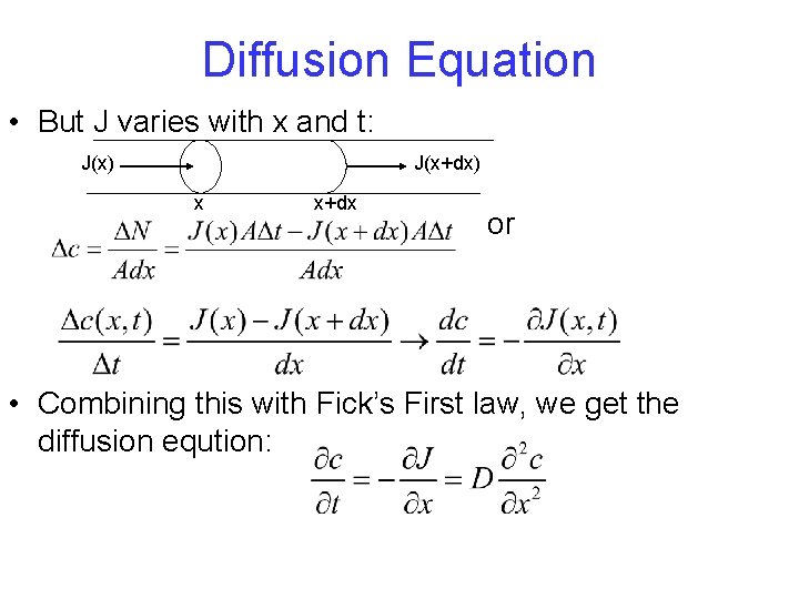 Diffusion Equation • But J varies with x and t: J(x) J(x+dx) x x+dx