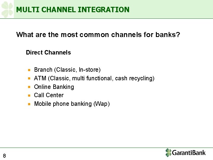 MULTI CHANNEL INTEGRATION What are the most common channels for banks? Direct Channels Branch